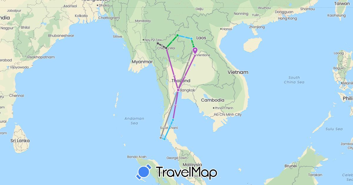 TravelMap itinerary: bus, plane, train, boat, motorbike in Laos, Thailand (Asia)